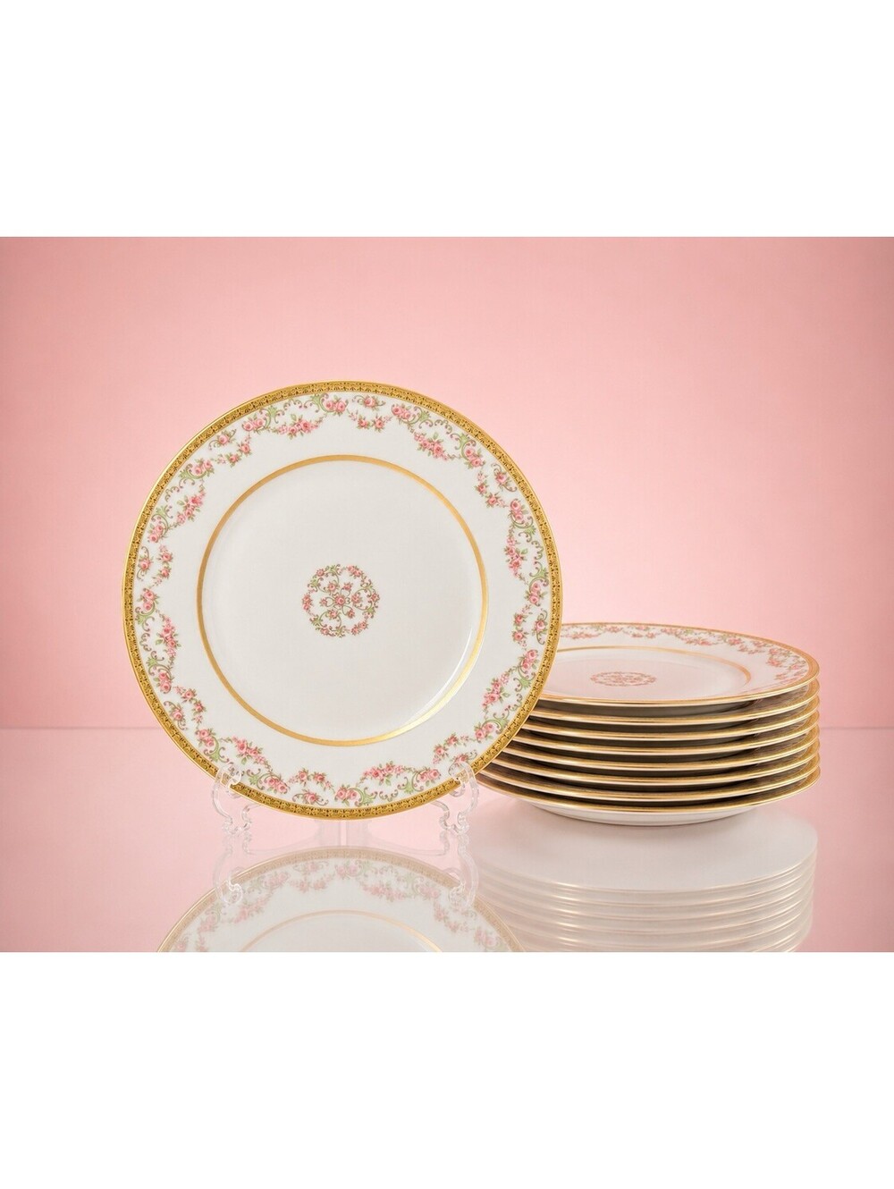Charles Ahrenfeldt Limoges 1900s Set Of 9 Salad Plates Pink Rose Gold, 8.5”